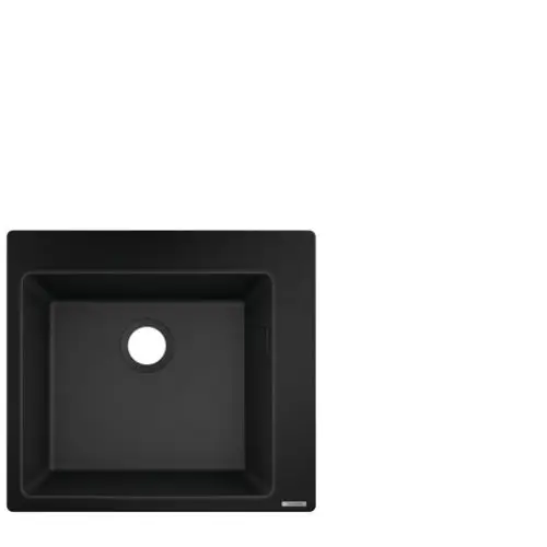 Schwarze Einbauspüle von Hansgrohe, quadratische Form mit abgerundeten Ecken und mittigem Abflussloch.